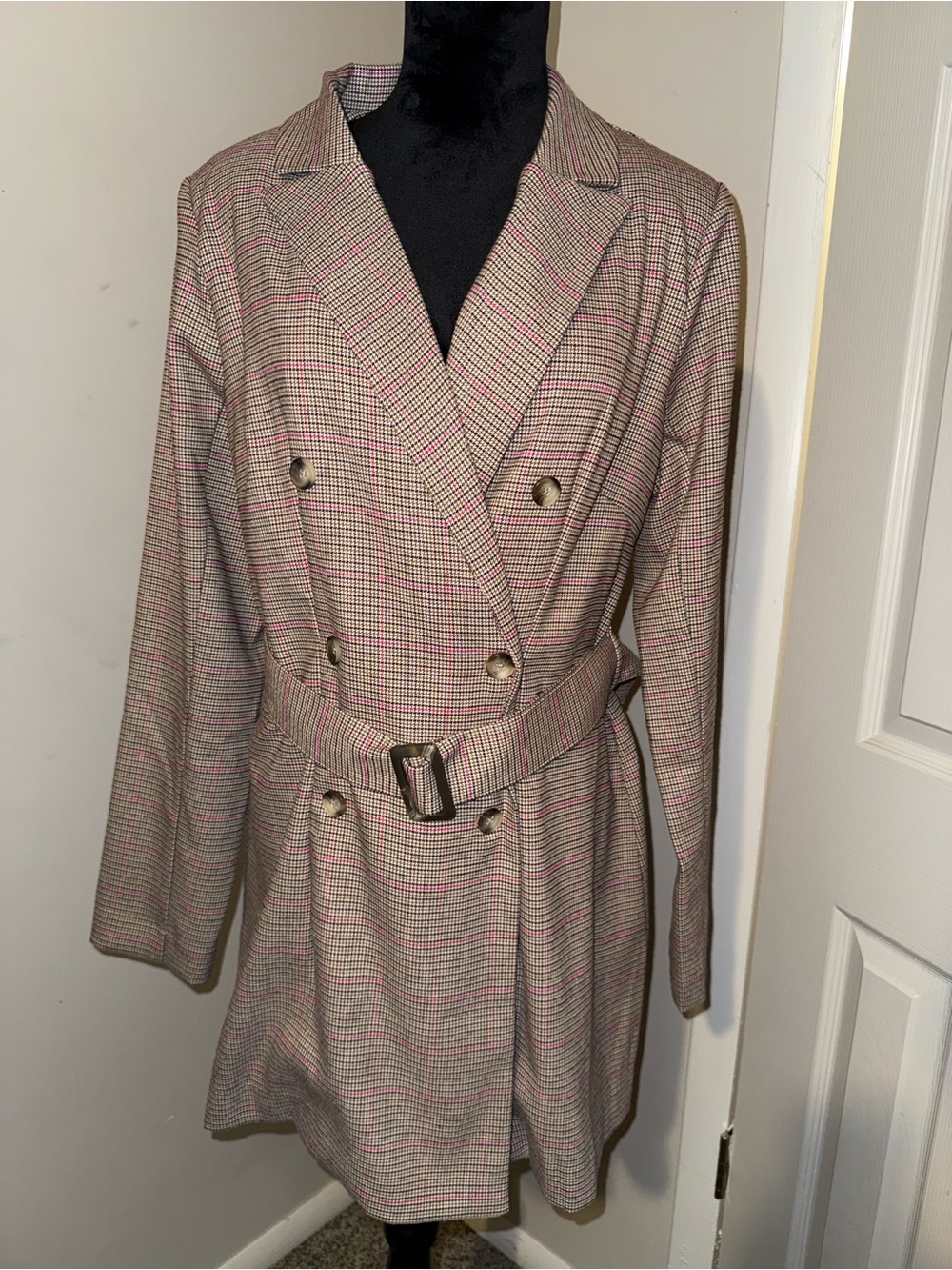 Double-Breasted Plaid Long Sleeve Belted Dress - Pink/Tan